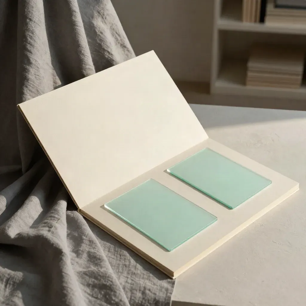 Cream portfolio kit with board, sleeve and inserts on linen under dramatic studio light.