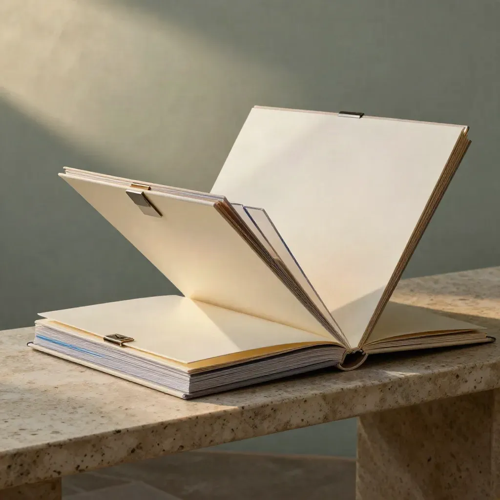 Open ivory creator folio with sleeves and packets on sage stone at golden hour.