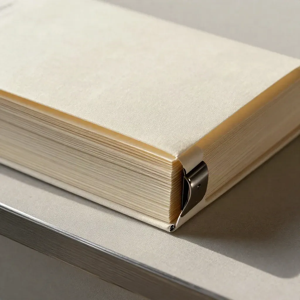 Macro of cream paper folios, a manuscript sleeve and graphite clips on a linen slab.