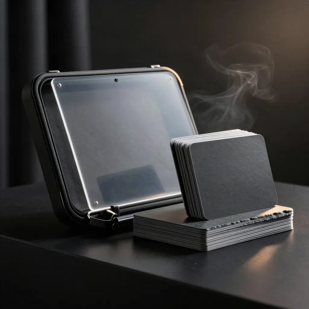 Charcoal presentation case with translucent guards and blank cards snapping open in a dark studio.