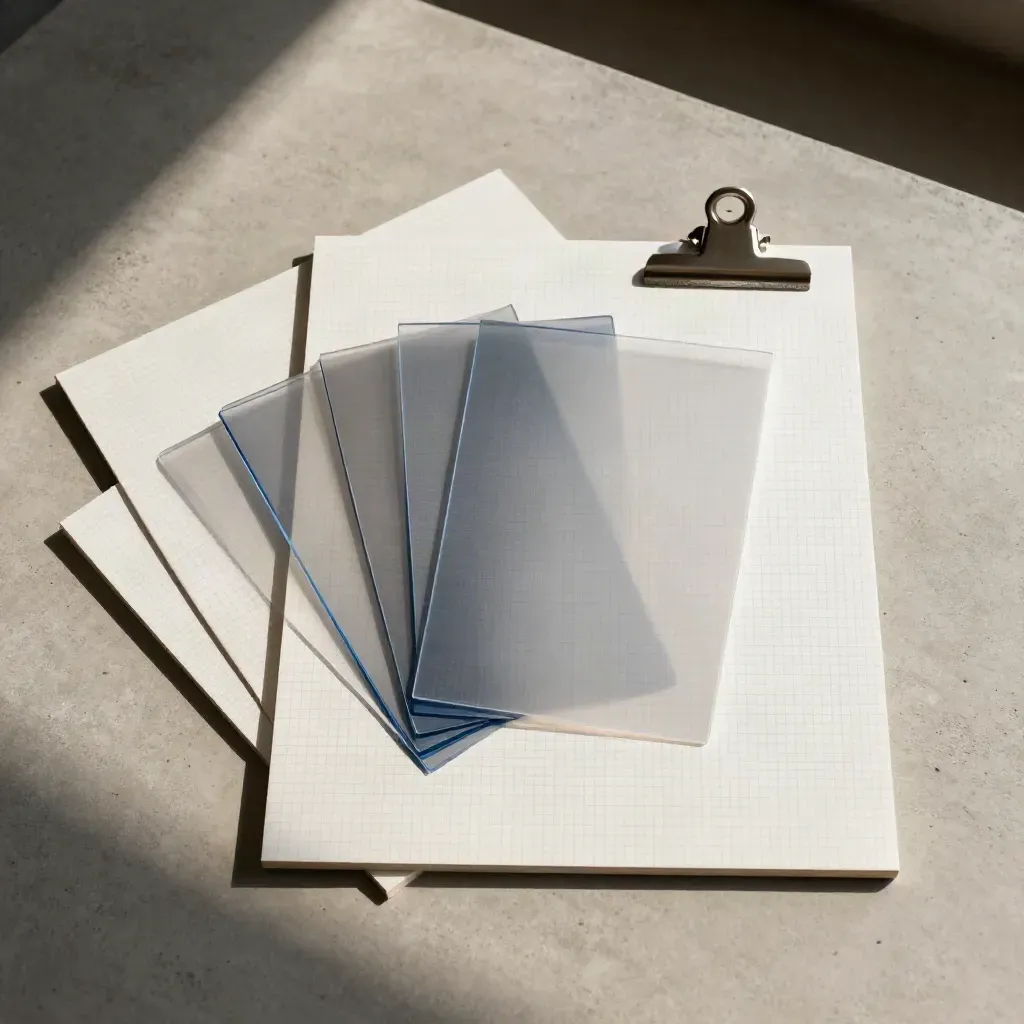 Overhead flatlay of blank grid boards, acetate overlays, and a metal clip on pale concrete.