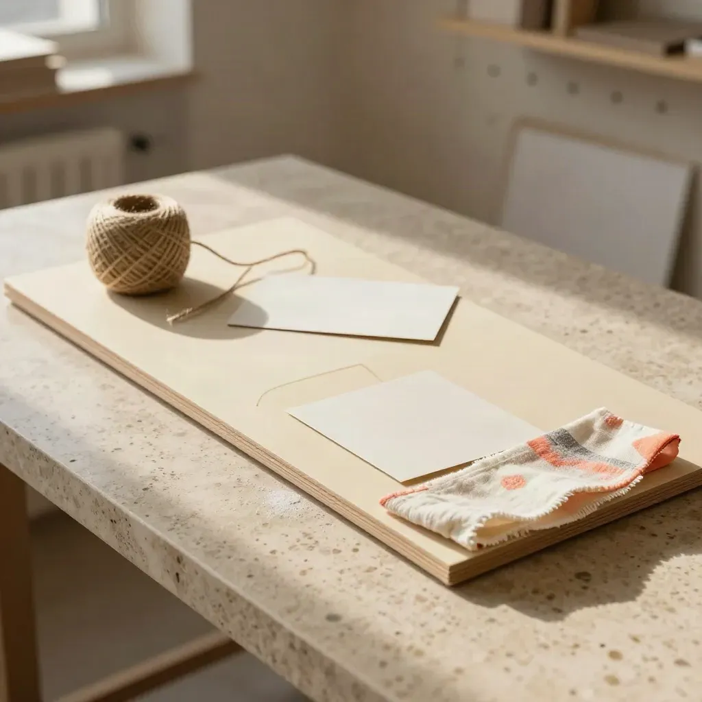 Maker project board kit on travertine stone with twine and calico swatch