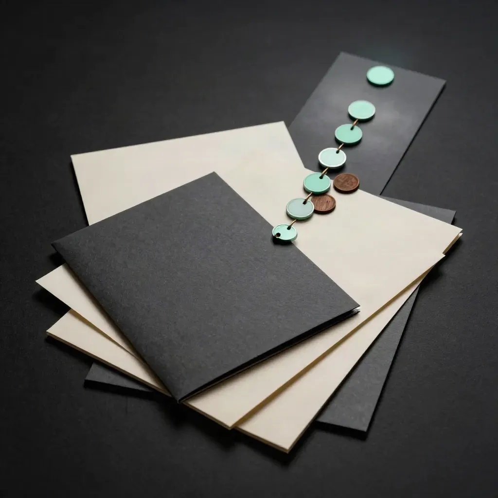 Dark critique kit with blank panels and orbiting tokens on a matte-black studio surface.
