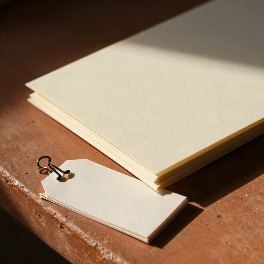 Macro of a folded workshop card kit with insert cards and clipped paper tags on terracotta plaster.