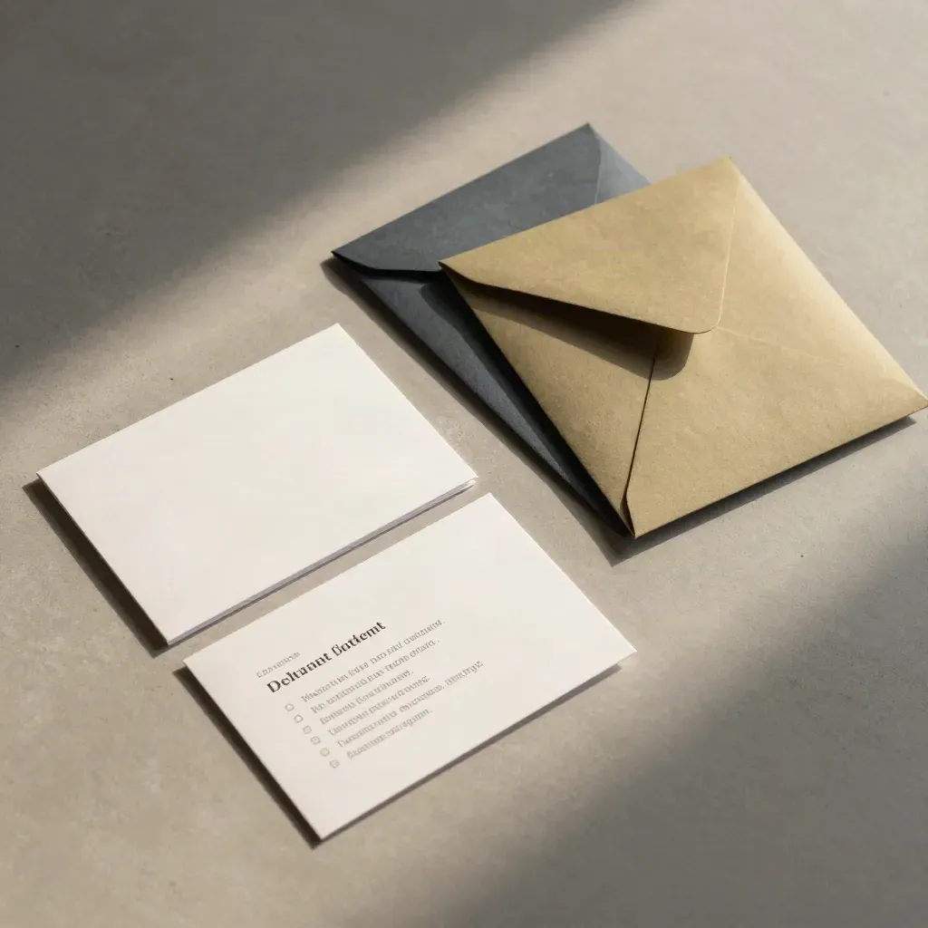 Overhead collab listings pack with folded cards and cascading envelopes on pale concrete.