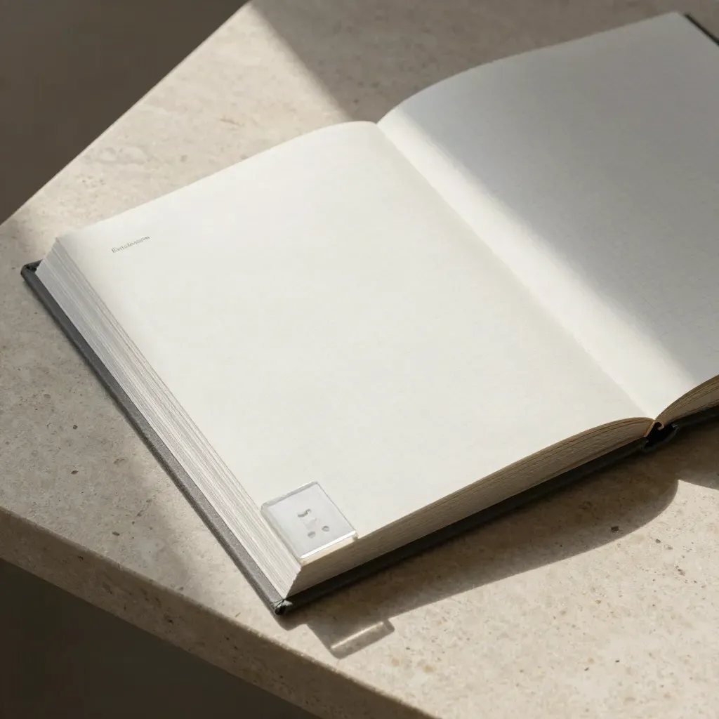 Overhead portfolio kit with grid inserts, binder spine, and translucent corner guard on travertine.