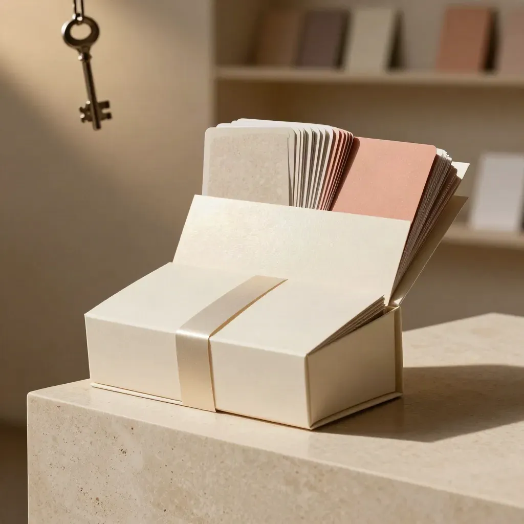 Open year-pass presentation box with blank inserts and premium cards on travertine.