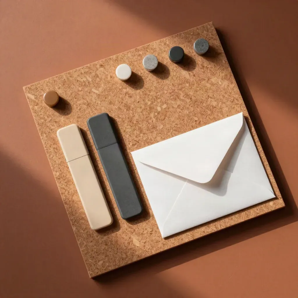 Overhead flatlay of a collab board kit with magnets, markers and a folded envelope on terracotta stone.