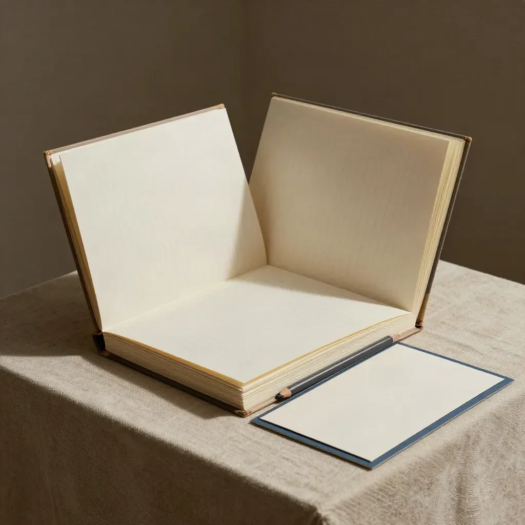 Close macro of a paper folio with blank inserts and pencil on a linen plinth