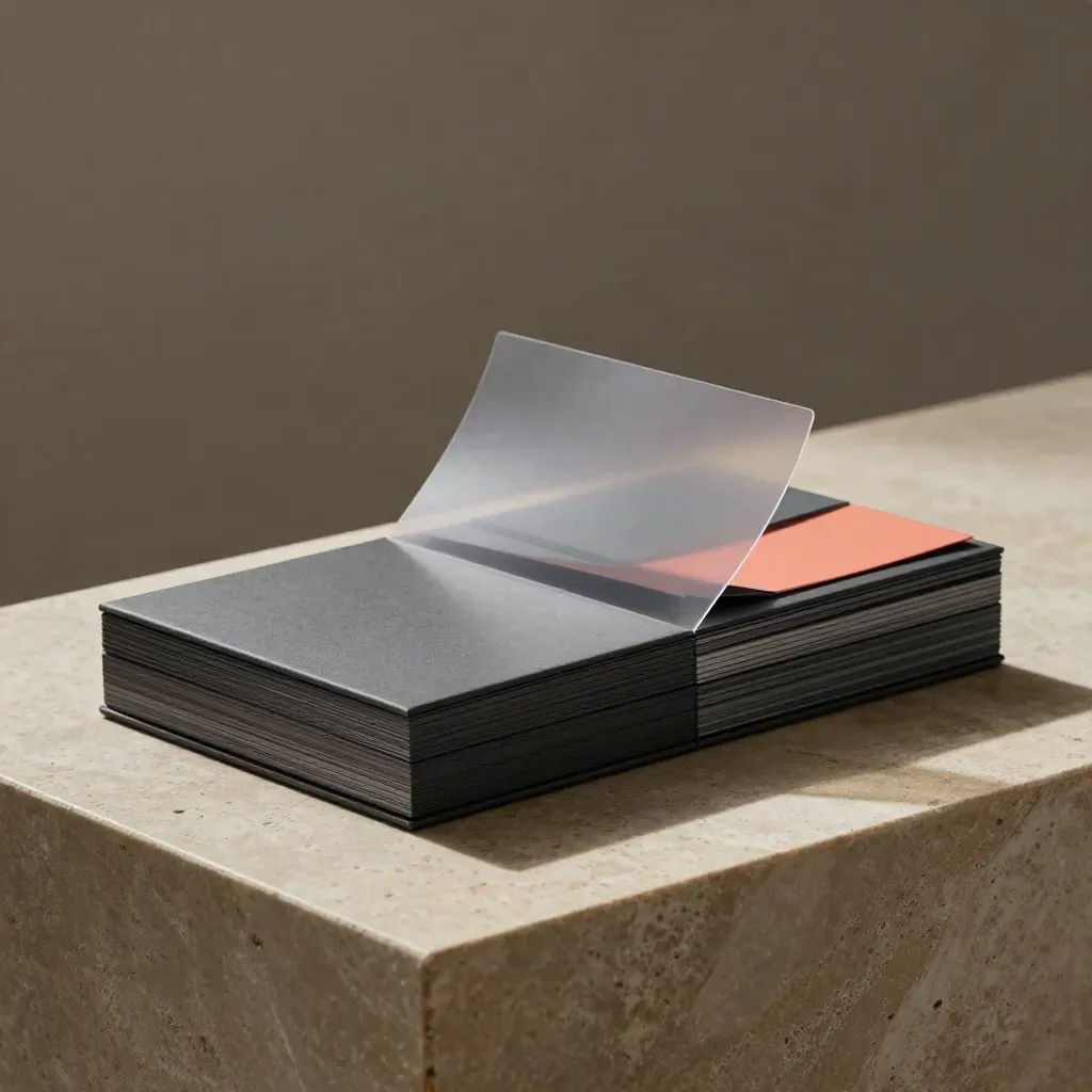 Charcoal case study pack with swatches and lifted cover on a limestone plinth