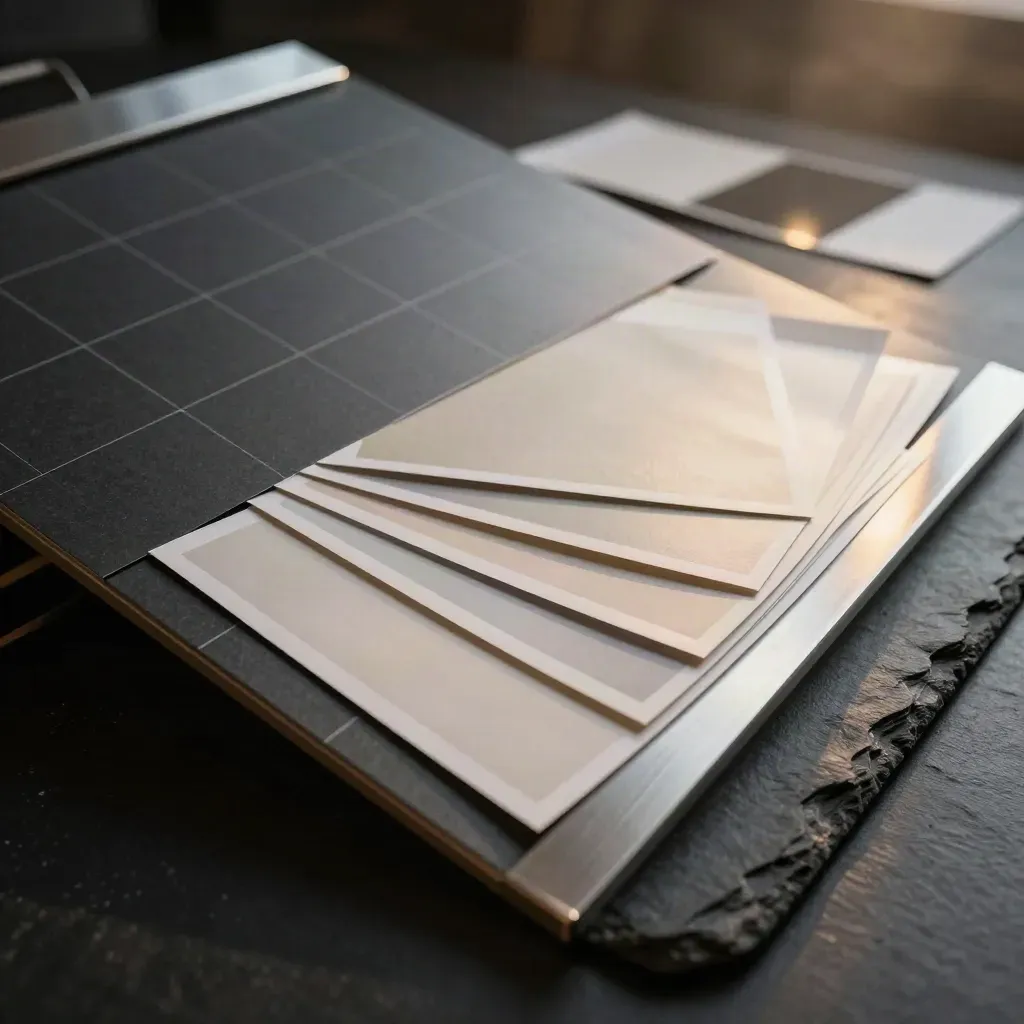 Gallery kit with photo-grid board, clipped prints and metal edge strip on a dark slate surface