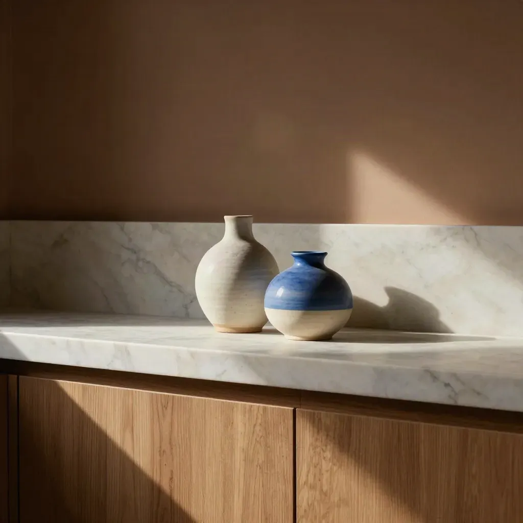 Sunlit marble nook with pale oak ledge and blurred ceramic forms for artist profiles.