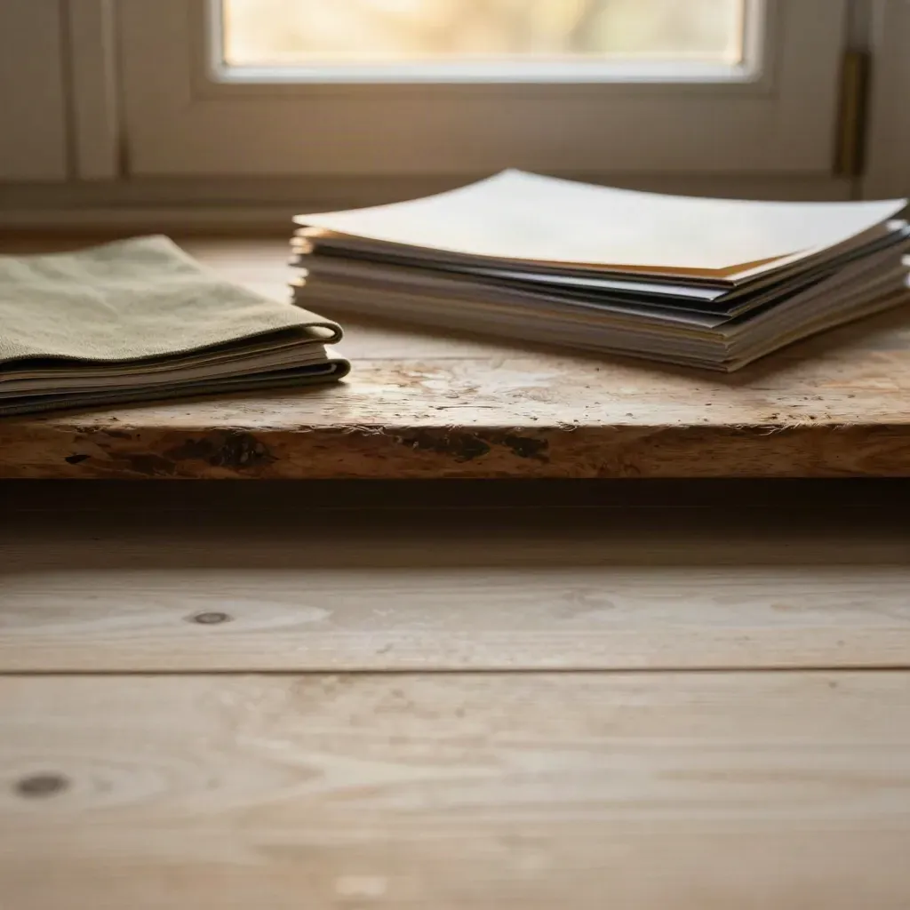Golden travel-studio corner with paper stacks on weathered wood and warm window glow.